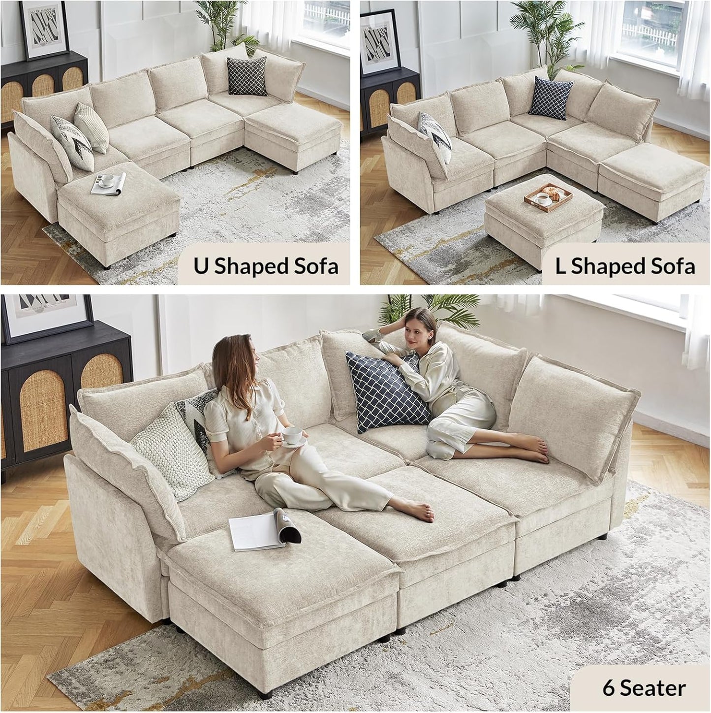 127'' Modular Sectional Sofa, Oversized U Shaped Couch with Storage Ottoman, Comfy Chenille Sofa with Deep Seat, 6 Seat Convertible Couches for Living Room, Beige