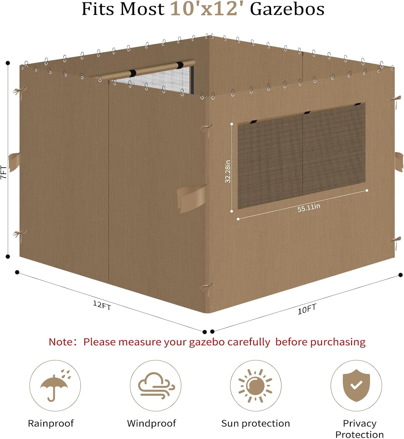 10'X12' Gazebo Curtains Outdoor Waterproof, 4-Panels Sidewalls with Zipper, Universal Replacement for Patio Privacy Screen(Only Curtains)