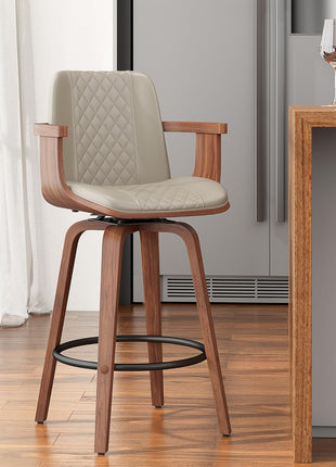 26-Inch Swivel Counter Height Bar Stools with Wooden Legs and Backs, Upholstered PU Leather Bentwood Frame Chairs with Armrests for Kitchen Islands and Dining Rooms in Greige