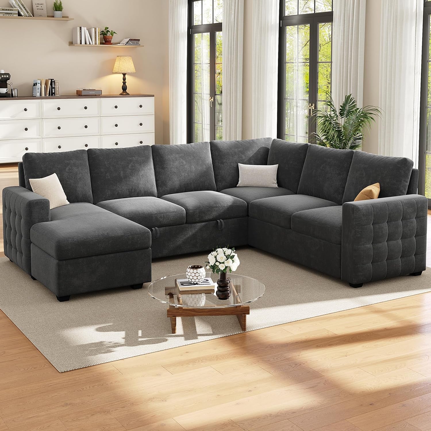 104" Sectional Sleeper Sofa Bed, Pull Out Couch with Storage, Modular Cloud Sofa with Chaise, 7 Seat U Shaped Sectional Couches for Living Room& Apartment, Convertible Sofas, Gray Couch