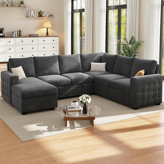 104" Sectional Sleeper Sofa Bed, Pull Out Couch with Storage, Modular Cloud Sofa with Chaise, 7 Seat U Shaped Sectional Couches for Living Room& Apartment, Convertible Sofas, Gray Couch