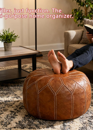 Handcrafted Moroccan Faux Leather Pouf Ottoman with Storage - Versatile Bohemian Chic Footrest for Living Room, Bedroom, and Patio - Round Ethnic Floor Cushion and Decorative Accent in Brown