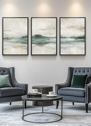 Large Framed Abstract Nature Landscape Art Set of 3 - Contemporary Canvas Prints for Living Room, Hallway, Dining Room, and Office Decor - Green Lake Artwork, 24x36 Inches