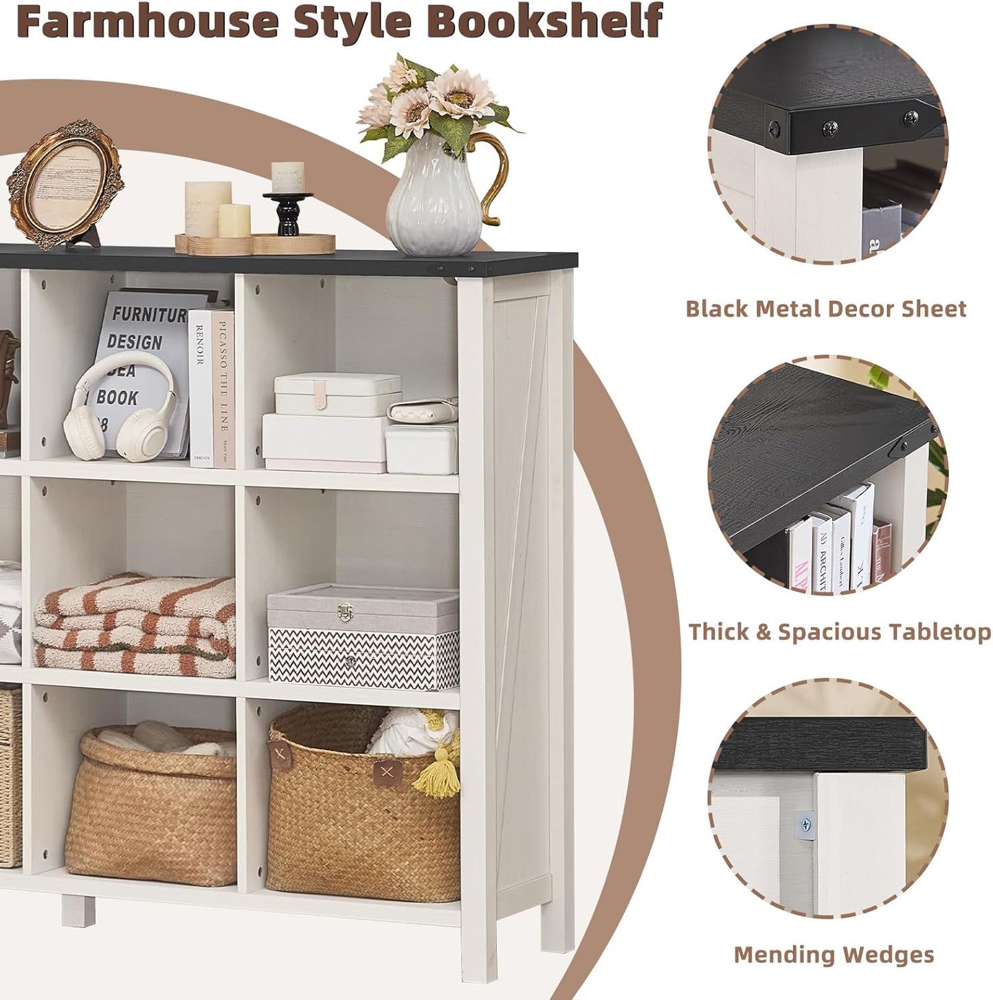 12 Cube Storage Organizer, Farmhouse 62 Inch Warm White Display Bookshelf, Wooden 3 Tier Large Open Book Shelf, Modern Bookcase for Home Office, Rustic Cubby Cabinet for Living Room, Bedroom