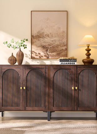 Modern Buffet Cabinet with Storage - 61.75" Fluted Arched Sideboard with Adjustable Shelves, Wooden Modular Coffee Bar for Dining Room, Kitchen, Living Room, and Entryway in Brown