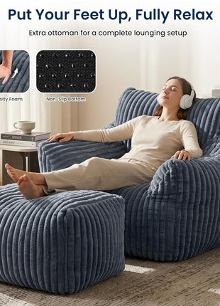 Oversized Bean Bag Chair with Ottoman for Adults, Plush Lounge Sofa Bed for Living Room and Bedroom - Grey