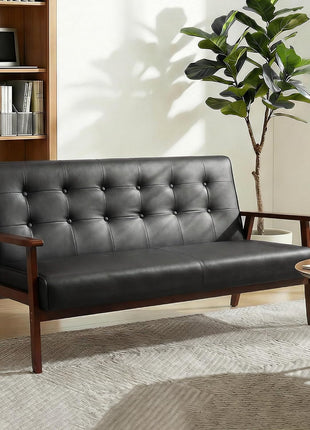 Mid-Century Modern Upholstered Faux Leather Loveseat Sofa with Wood Arms, 2-Seat Couch for Living Room and Outdoor Lounge, 50” Width