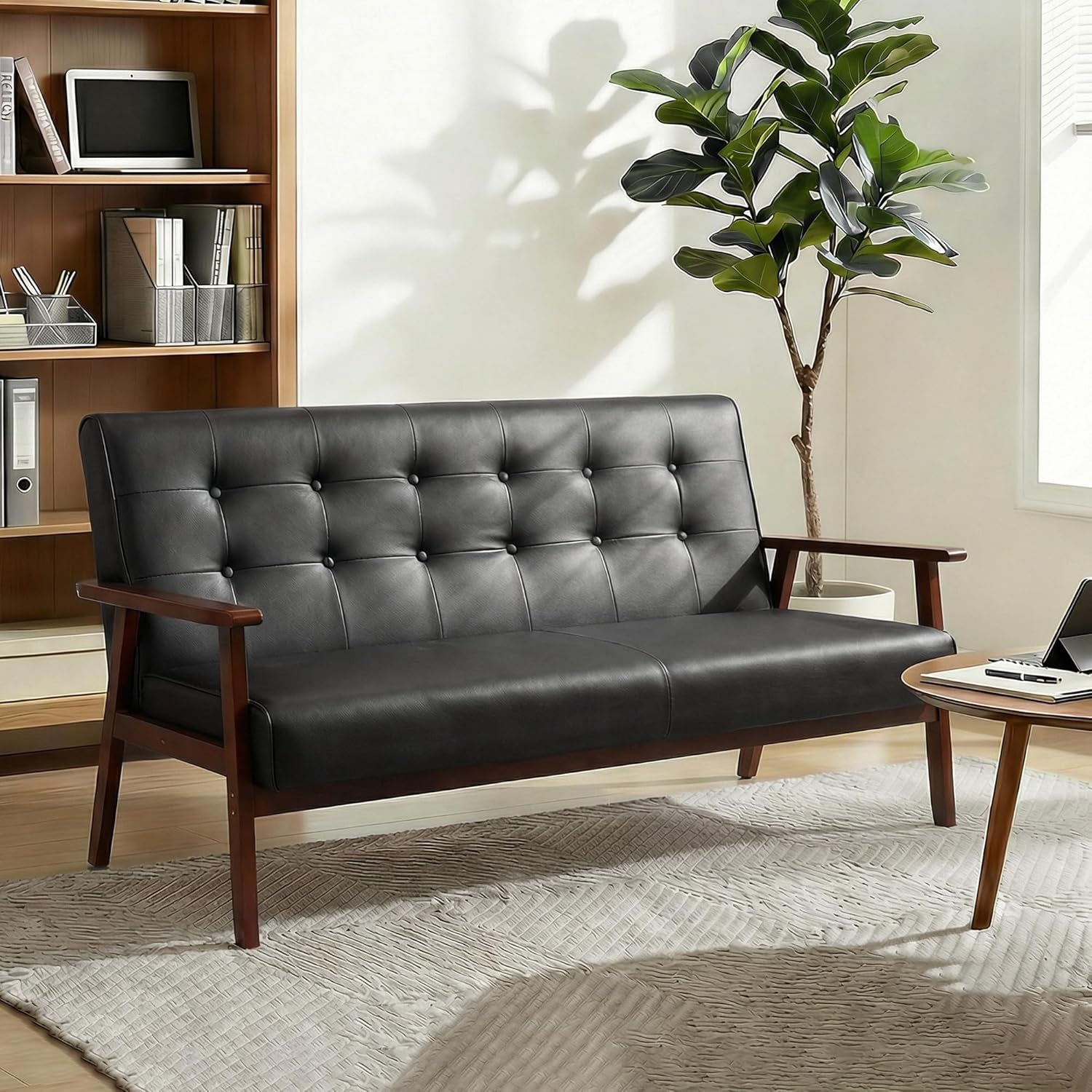 Mid-Century Modern Solid Loveseat Sofa Upholstered Faux Leather Couch 2-Seat Wood Armchair Living Room/Outdoor Lounge Chair, Waiting Room Sofa, 50”W