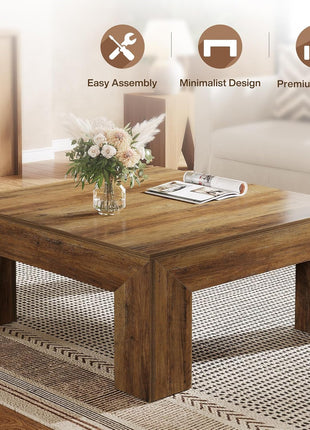 39.4-Inch Square Coffee Table - Farmhouse-Style MDF Accent Table with Durable Wooden Legs and Simple Assembly in Rustic Brown
