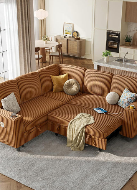 Convertible Sectional Sleeper Sofa with Pull-Out Bed, Plush Corduroy Upholstery, Storage Chaise & USB Charging – Ideal L-Shaped Modular Sofa for Living Room or Apartment in Elegant Brown