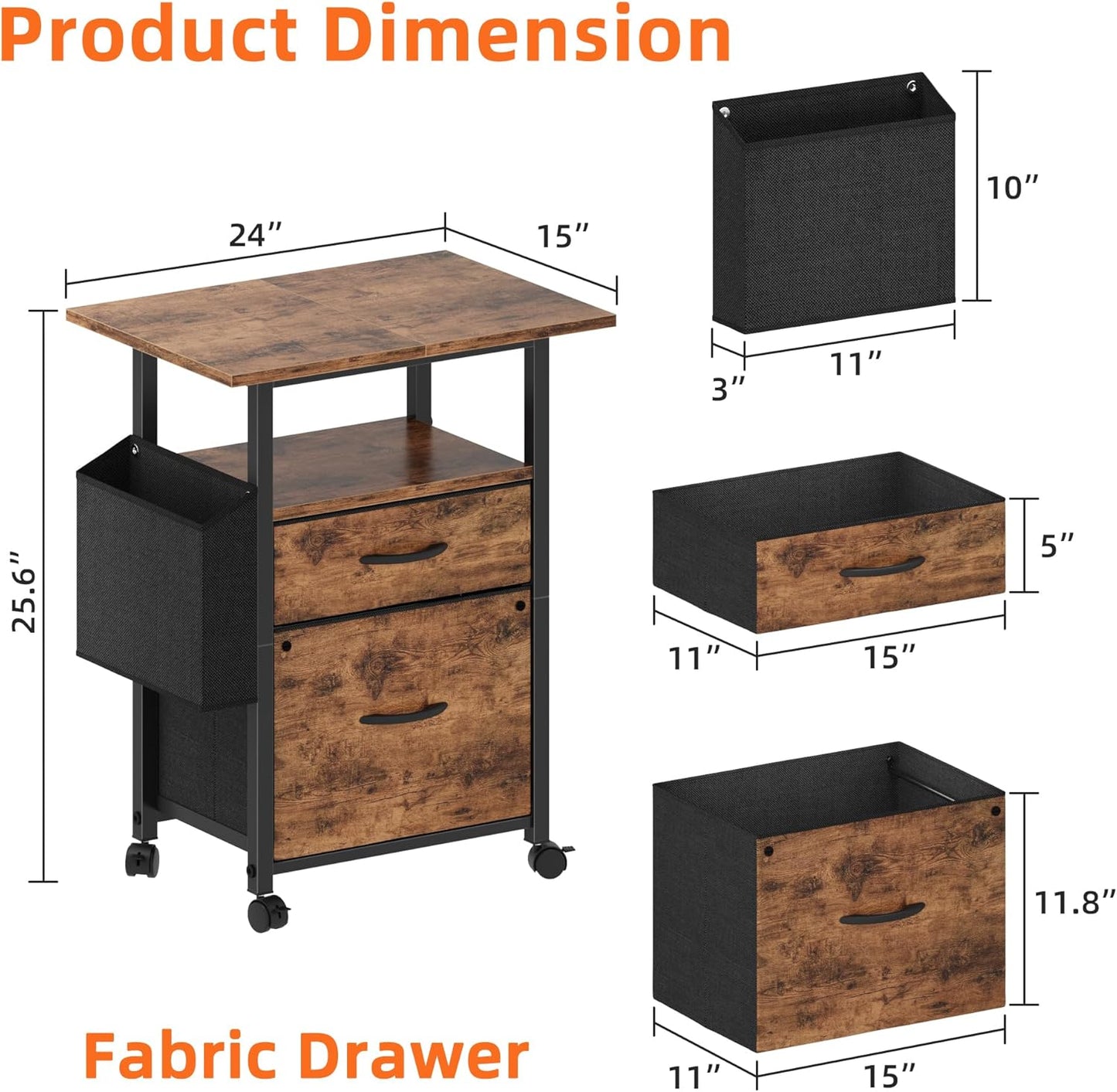 2 Drawer File Cabinet with 24'' Extended Desktop, Mobile Filing Cabinet, Rolling File Cabinet with Side Bag, Fabric Drawer, Fits A4/Letter Size, Printer Stand Home Office, Light Brown