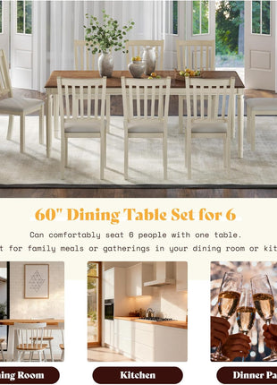 9-Piece Solid Wood Dining Set with 8 Upholstered Chairs, Rustic Cream Finish, 79-Inch Table with Roman Conical Legs, Accommodates Up to 8 for Kitchen and Dining Room