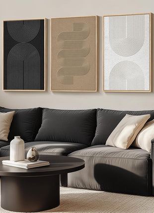 Large Framed Bohemian Modern Neutral Abstract Wall Art Set - 3-Piece Black and White Canvas Prints for Living Room, Office, Bedroom, and Dining Room Decor - 24x36 Inches