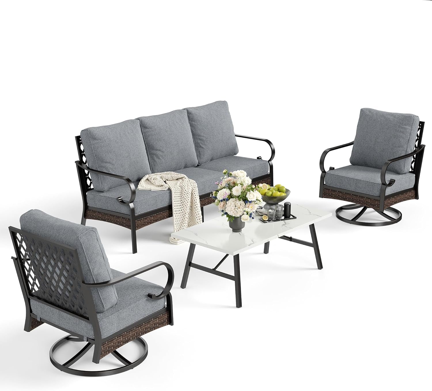 4 PCS Metal Outdoor Patio Furniture Set, Patio Conversation Sets 1 3-Seater Sofa, 2 Swivel Chairs with 5.75" Extra Thick Cushion & Coffee Table, Black Frame Backyard Furniture, Gray