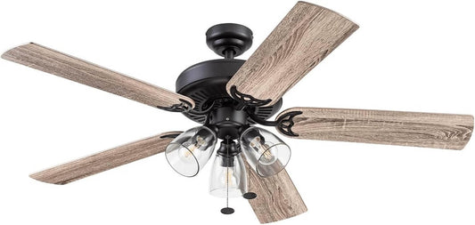 Saybrook, 52 Inch Indoor Farmhouse LED Ceiling Fan with Light, Pull Chain, Three Mounting Options, Dual Finish Blades, Reversible Motor - 51593-01 (Bronze)