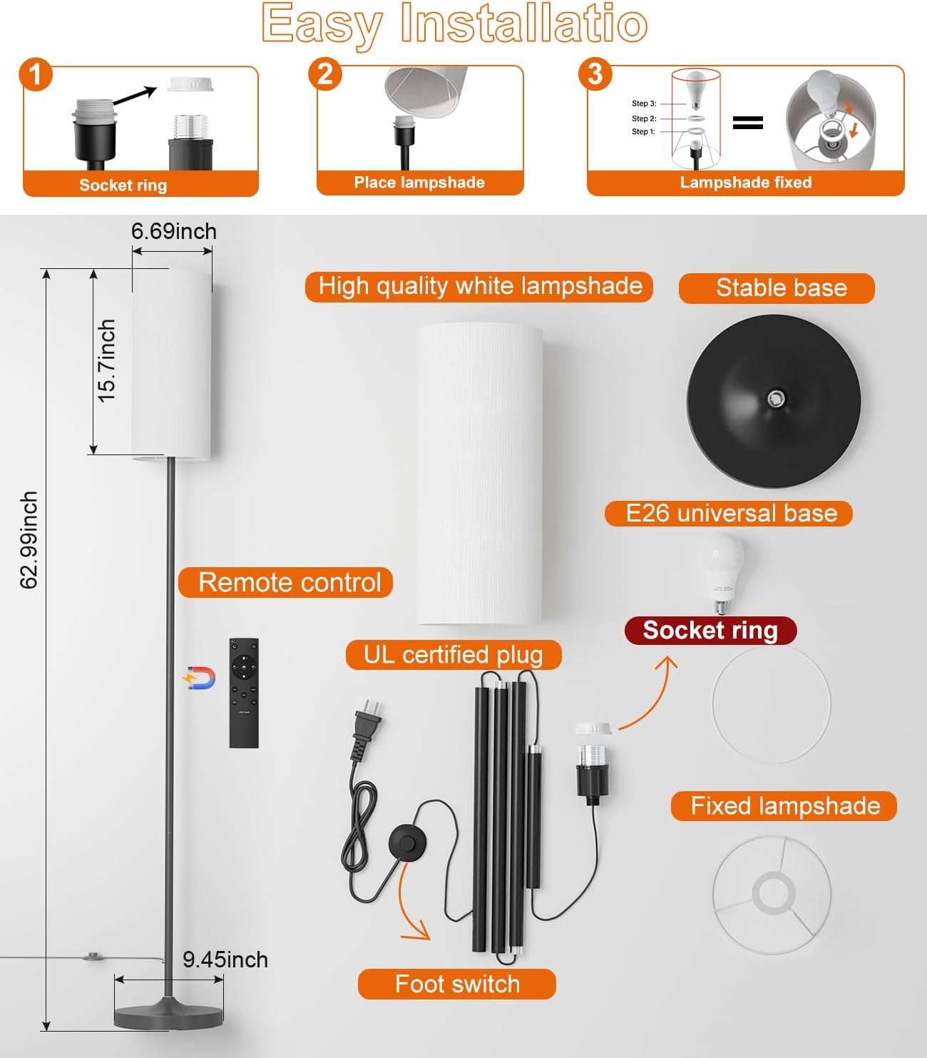 Dimmable Floor Standing Tall Lamp, 12W Led Bulb with Lampshade, Foot Switch, Remote Custom Color Temperature Pole for Bedroom, Office, Kids & Living Room, Black