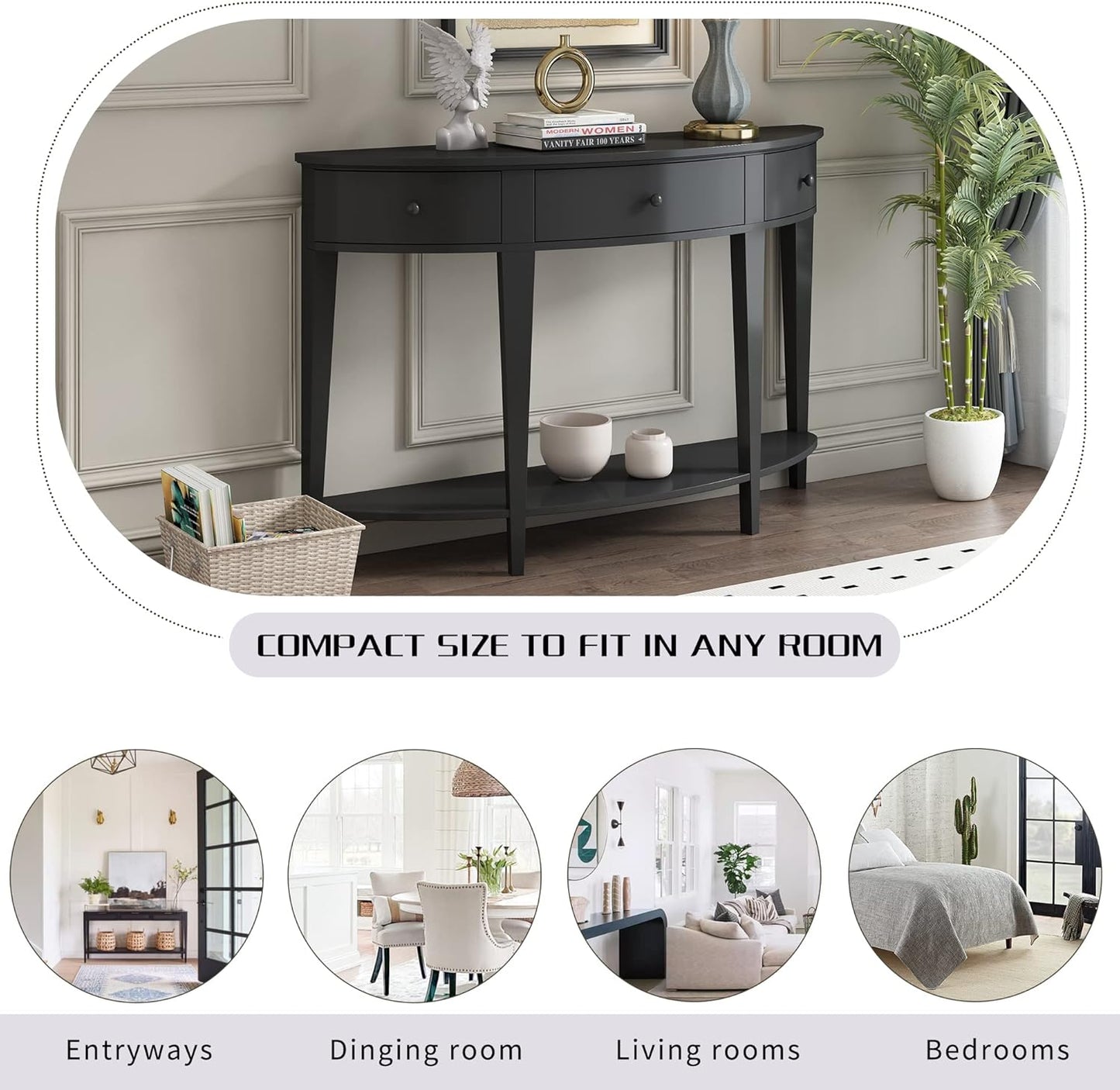 Half-Moon Console Table, Retro Sofa Table with 3 Storage Drawers and Shelf, Solid Wood Side Table for Entryway Living Room Bedroom, Black