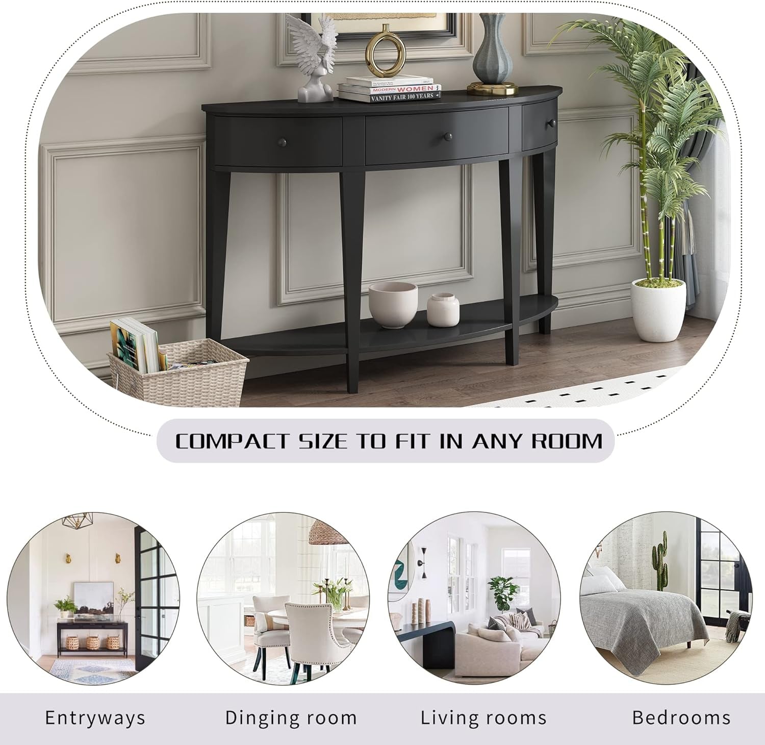 Half-Moon Console Table, Retro Sofa Table with 3 Storage Drawers and Shelf, Solid Wood Side Table for Entryway Living Room Bedroom, Black