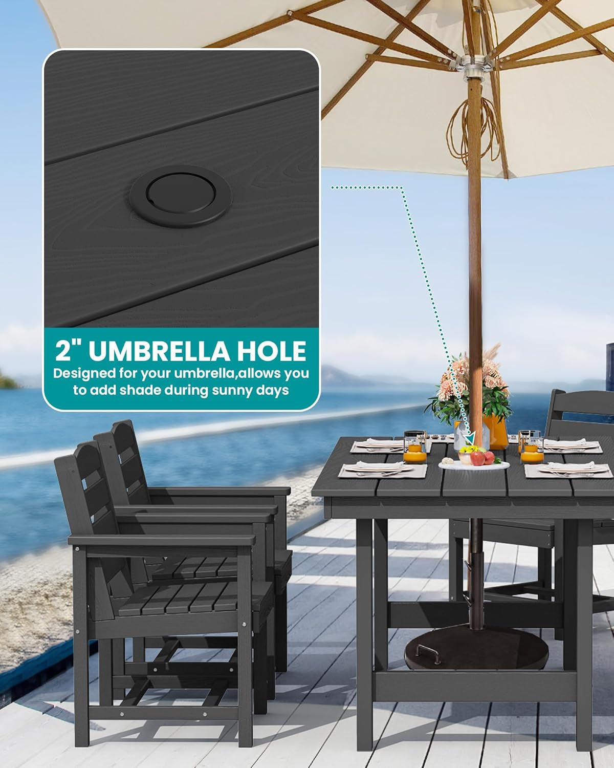 7-Piece Patio Dining Table Sets, Outdoor HDPE Dining Furniture Set with Umbrella Hole Cut-Out Table and 6 Chairs, Black