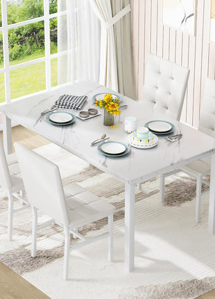 Contemporary Dining Table Set for Four with Faux Marble Surface and Leather Upholstered Chairs, Perfect for Compact Areas, White Finish