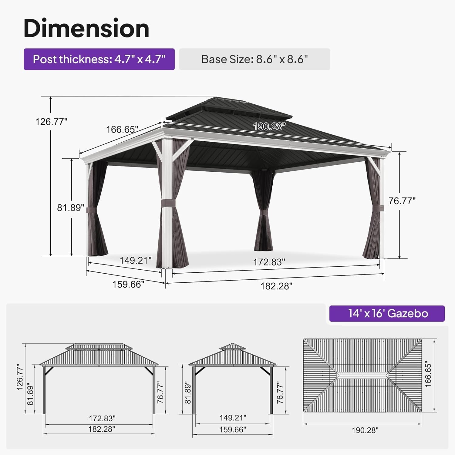 14' X 16' Hardtop Gazebo with Double Galvanized Steel Roof Awning and Upgrade Curtain for Patio Lawn and Garden, Grey