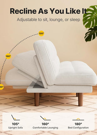 65-Inch Convertible Futon Sofa Bed with Adjustable Backrest, Ergonomic Recliner Sleeper Couch in Corduroy Fabric for Living Room, Office, or Guest Room (White)