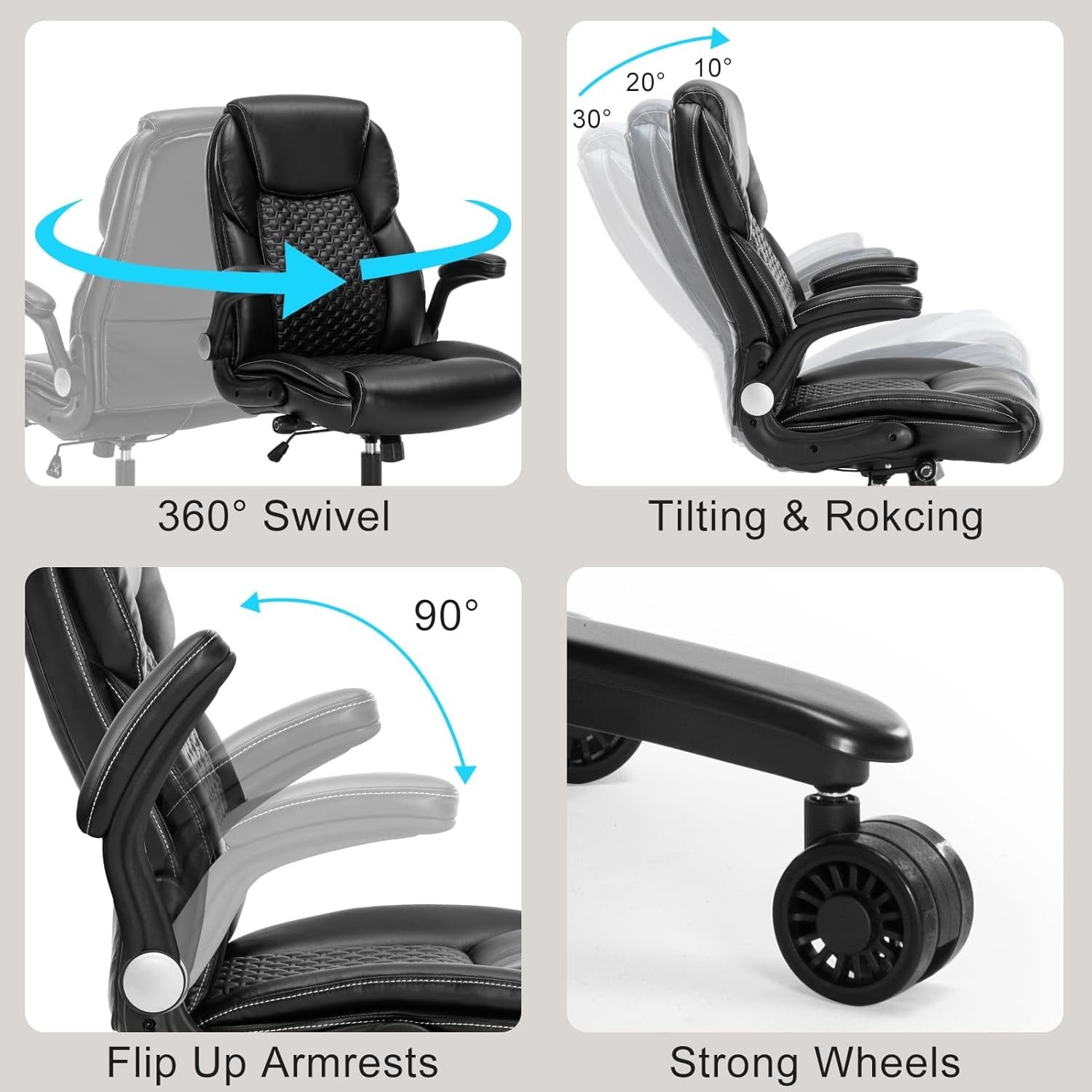 Big and Tall Office Chair, Executive Comeputer Desk Chair Ergonomic Home Office Chair with Adjustable Lumbar Support, Tilt Lock, PU Leather, Swivel Rolling Chair (Pu-Black)