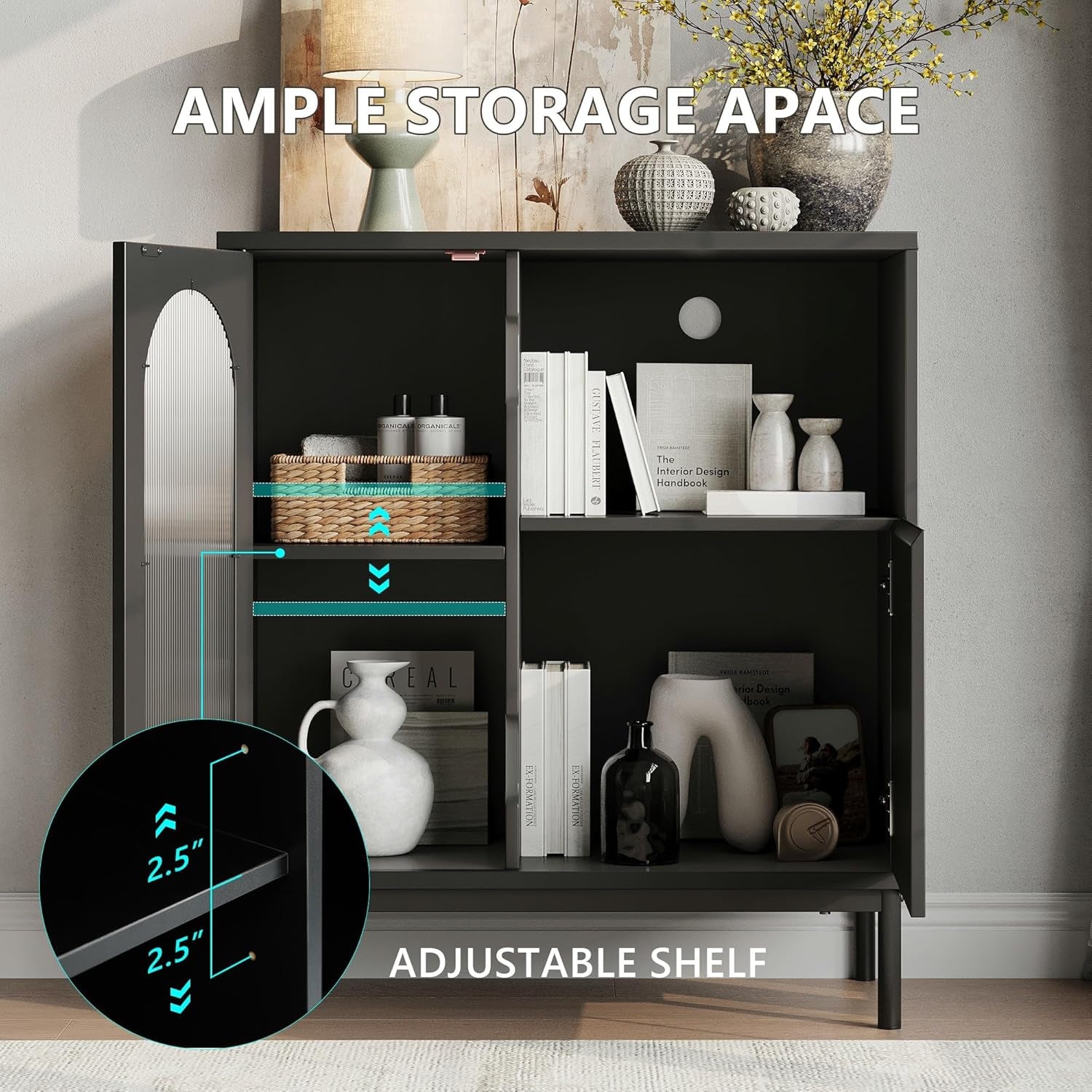 Sideboard Buffet Cabinet with Fluted Glass Doors and Adjustable Shelf, Wood Modern Accent Cabinet with Storage for Kitchen, Entryway, Living Room, Black