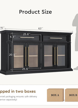 63-Inch Contemporary Sideboard Buffet Cabinet with Drawers, Adjustable Shelves, and Magnetic Closure Doors - Versatile Wooden Storage Solution for Kitchen and Living Room, Black