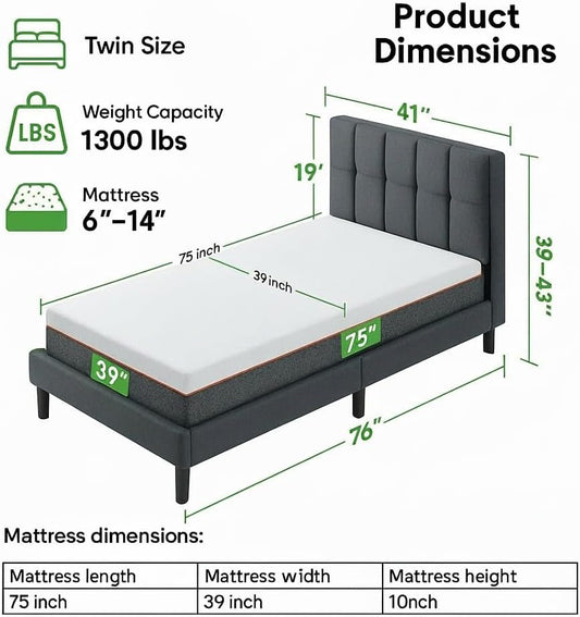 Twin Size Bed Frame and Mattress Set with Adjustable Upholstered Headboard and 10-Inch Gel Memory Foam, Sturdy and Durable with 12 Support Legs, Breathable Cooling, Easy Assembly, Dark Gray