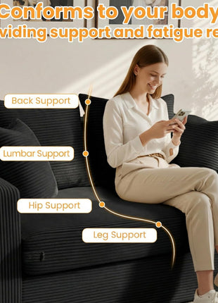 55" Convertible Boneless Loveseat Sleeper Sofa Bed with 4 Pillows - Black Corduroy, Ideal for Living Room, Guest Room, and Small Spaces, No Assembly Required