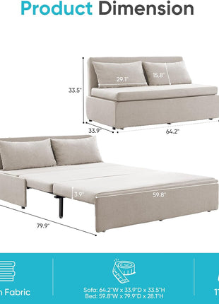 Elegant 64" Queen Size Convertible Sofa Bed - Chic Linen Upholstered Couch with Mattress & Pillows, Ideal for Compact Living Spaces and Accommodating Guests (Beige)