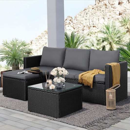3-Piece Patio Sectional Sofa, Patio Furniture Set with Detachable Soft Cushions, Outdoor PE Rattan Patio Conversation Sofa Set with Glass Coffee Table & Ottoman, Black Rattan/Grey