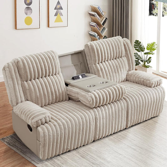 Oversized Reclining Sofa with Flip-Up Middle Backrest, Manual 3 Seater Recliner Sofa, Wall Hugger Recliner Couch with Outlets/Usb Ports for Living Room, Bedroom(Beige, Sofa)