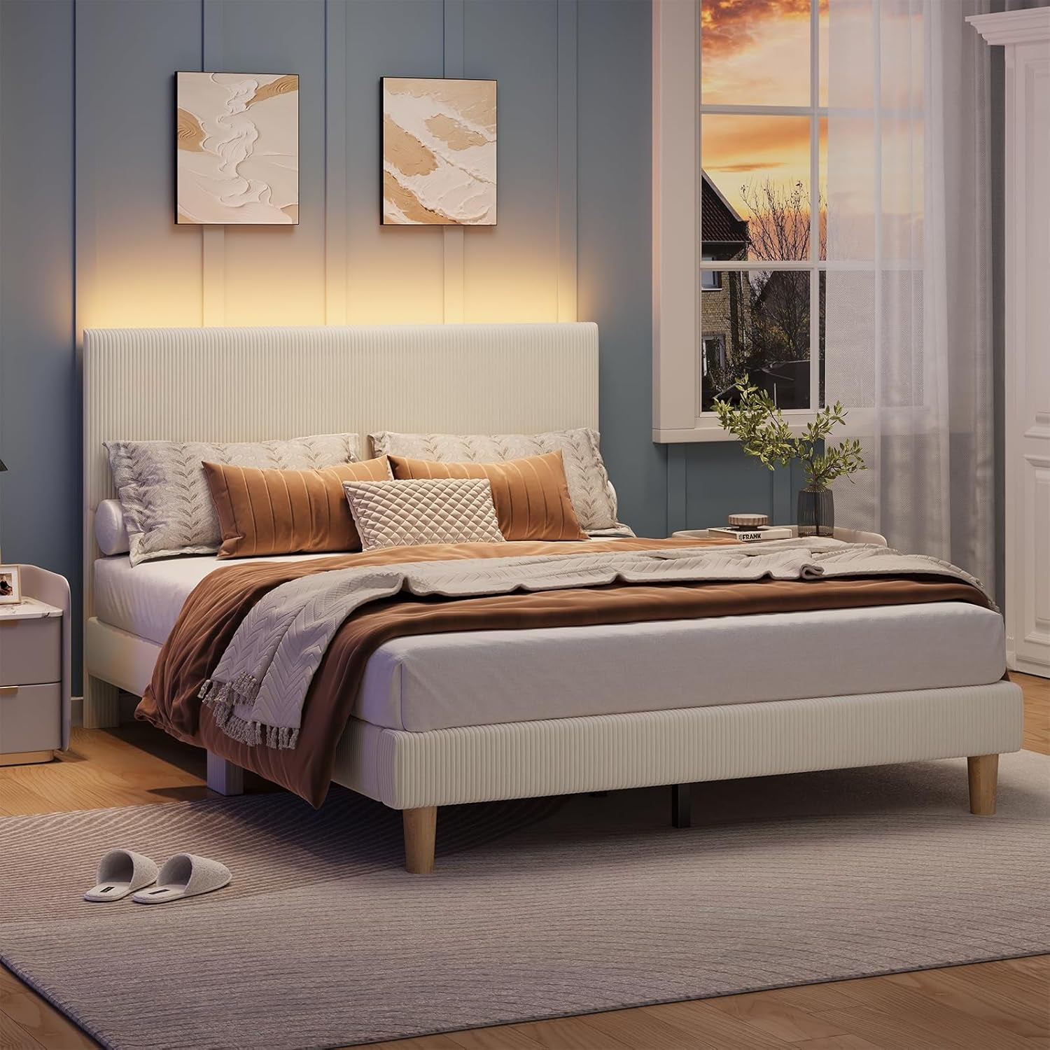 Bed Frame Queen Size with Headboard,Platform Bed Frame Upholstered with LED Lighting,Solid Wooden Bed Frame Slats Support,No Box Spring Needed, Never Squeaks, Easy Assembly,Beige