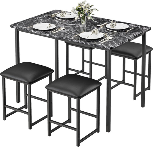 Kitchen Table and Chairs for 4, Dining Room Set with PU Chairs/Stools, Heavy-Duty Metal Frame, Faux Marble Tabletop, Space-Saving Design for Small Spaces, Easy Assembly, Veined Black