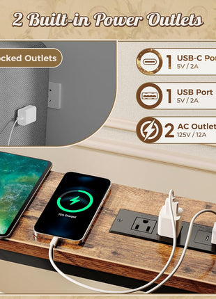 Adjustable Rustic Brown Sofa Table with Dual Power Outlets and USB-C Port, 86.6-110.2 Inch Length, Entryway Console with Anti-Tip Kit for Living Room