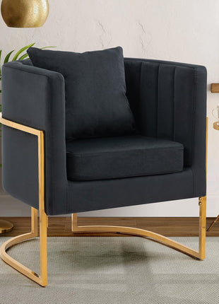 Set of 2 Modern Velvet Accent Chairs, Upholstered Mid-Century Barrel Armchairs with Cushions for Living Room, Comfortable Vanity Chairs with Gold Metal Legs for Bedroom, Black