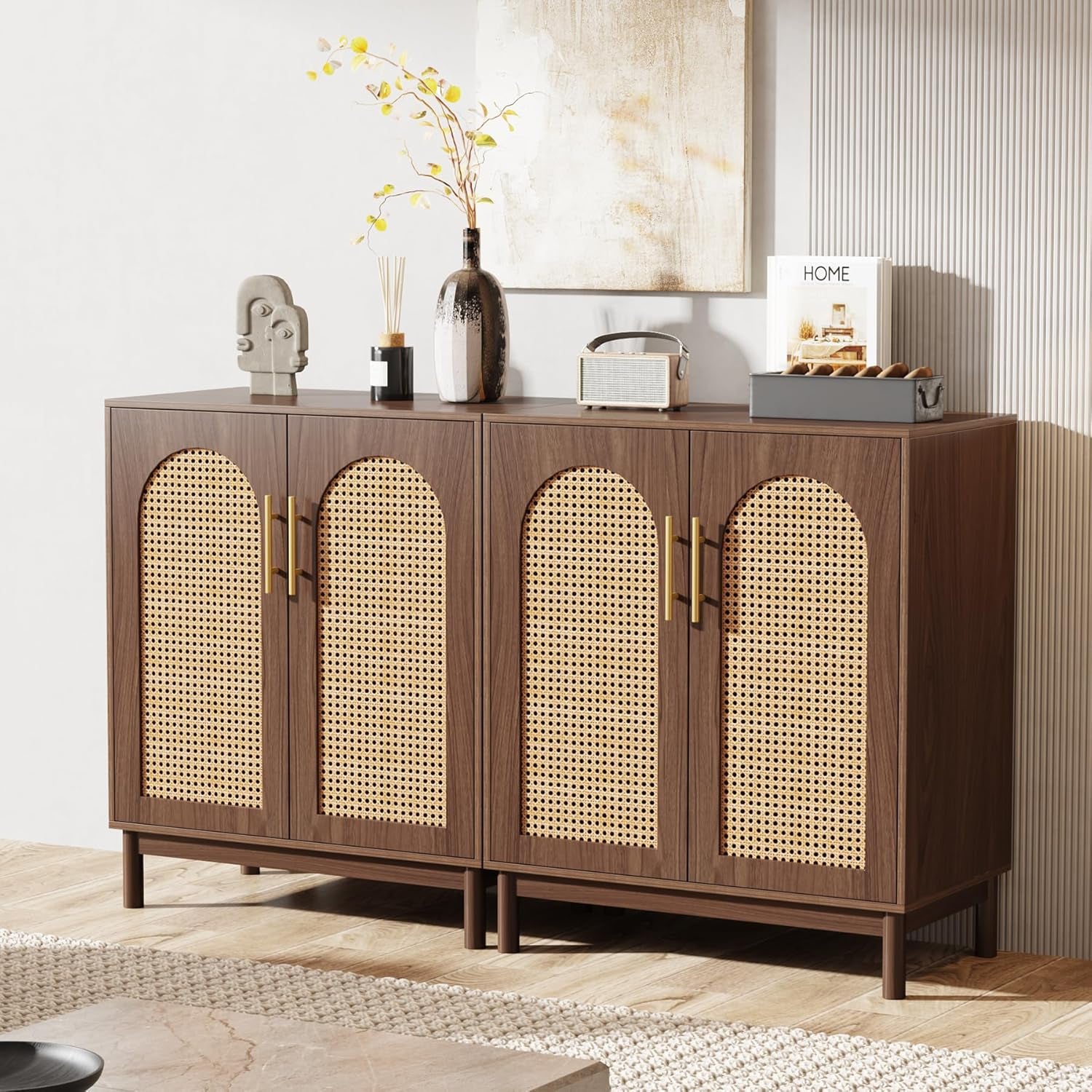 Set of 2 Rattan Sideboard Buffet Cabinet with Storage, 59 Inch Accent Cabinet for Dining Room, Living Room, Kitchen, Rattan and Dark Brown