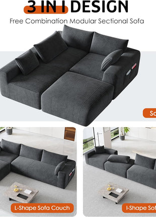 Luxurious 108" Modular Sectional Sofa in Dark Gray Corduroy - L-Shaped Design with Deep Chaise and No Assembly Required - Ideal for Apartment Living