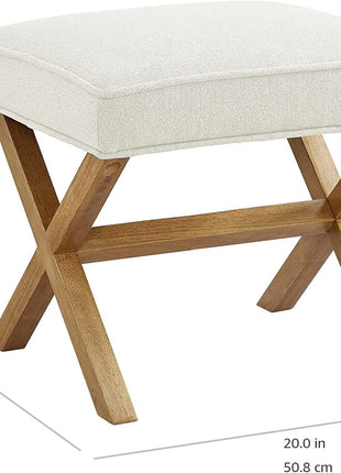 Mid-Century Modern Small Ottoman Foot Rest, Ivory White Polyester Linen, 18"D x 19.8"W x 18.3"H