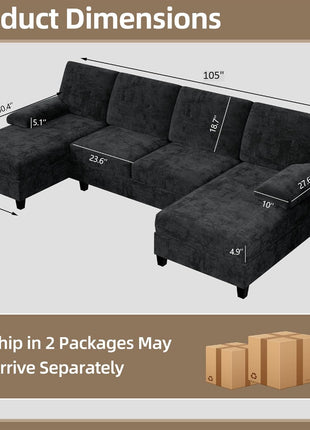 Elegant U-Shaped Sectional Sofa – Modern 4-Seat Couch with Double Chaise and Removable Pillows in Chic Black, Perfect for Apartment Living Rooms