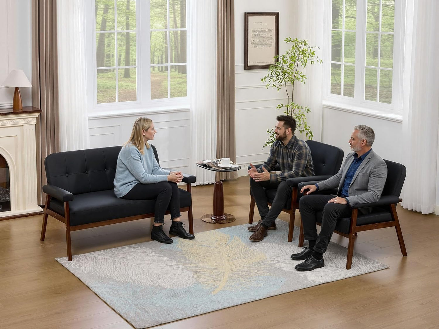 Black Leather Love Seat Sofa and Accent Chairs, Mid-Century Modern Office Furniture Loveseat Couch and Chair Set, Small Couches with Wood Arm, 3 Pieces Living Room Furniture Sets (3)