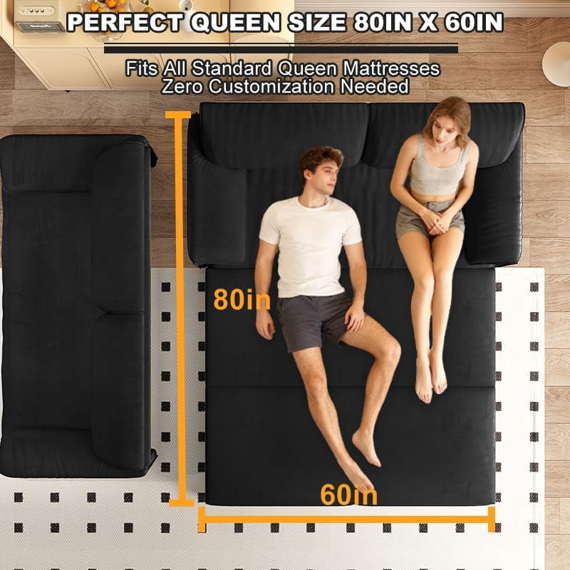 63.8" Futon Sofa Bed Queen Size, Pull Out Bed, 3-In-1 Convertible Sleeper Sofa with Side Pocket, Modern Velvet Futon Couch for Living Room, Small Space, Apartment, Bedroom, Black