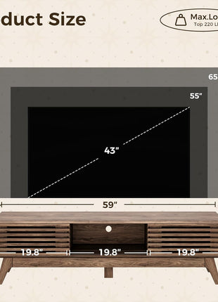 59-Inch Mid-Century Modern TV Stand for 55"-65" TVs with Sliding Doors and Storage Cabinets in Walnut Finish
