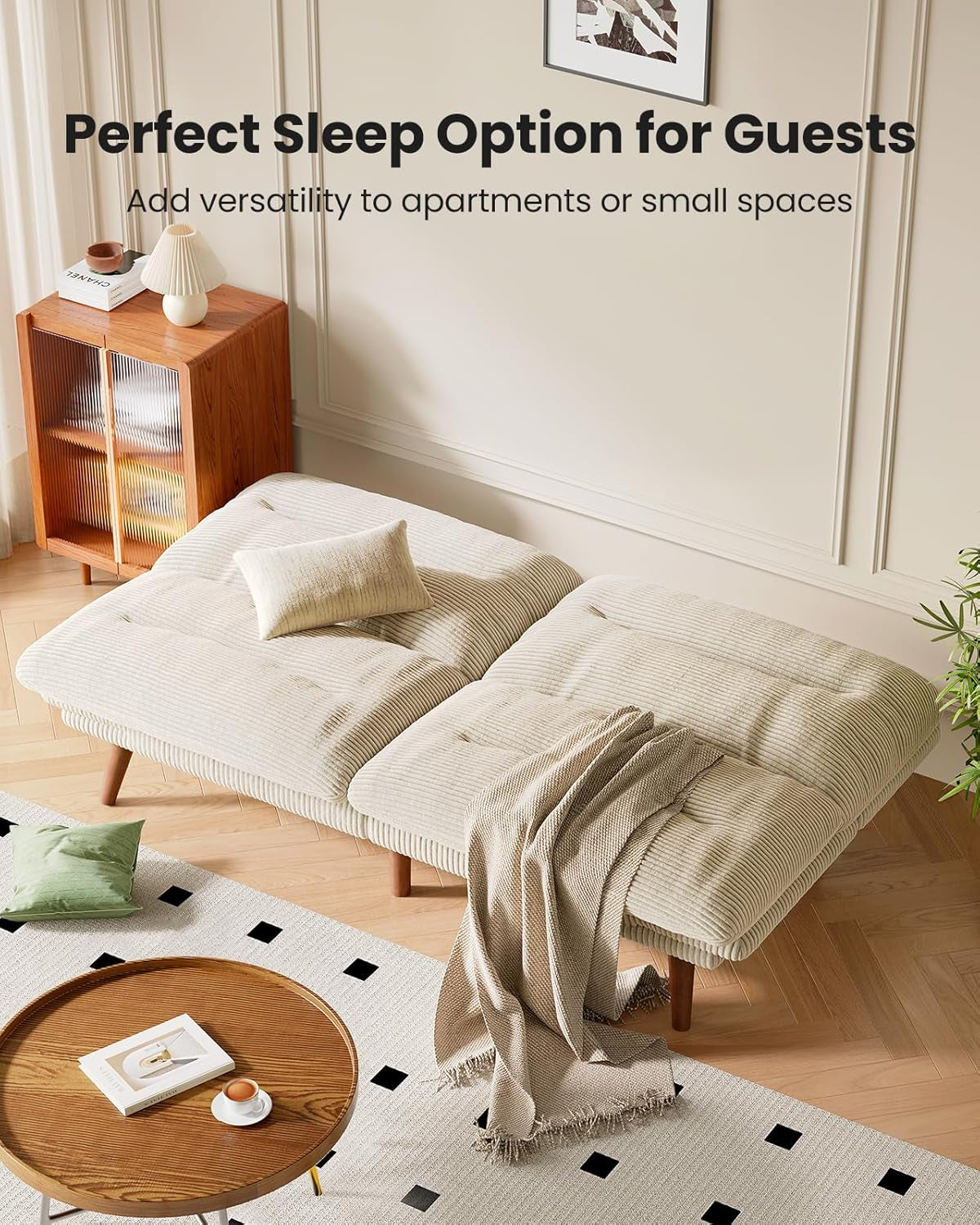 AMADA 66"Convertible Futon Sofa Bed, Corduroy Folding Futon Set with Adjustable Backrest &Armrests, Recliner Lounge for Living Room, Apartment or Office, Solid Wood Frame, Loveseat Sofa - Beige White