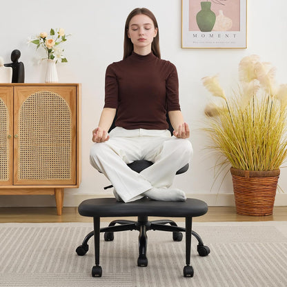 Ergonomic Cross Legged Office Chair, Criss Cross Chair with Wheels, 360°Swivel ADHD Meditation Kneeling Yoga Seat with Adjustable Height, Ergonomic Back Support and Leg Rest, Leather (Black)