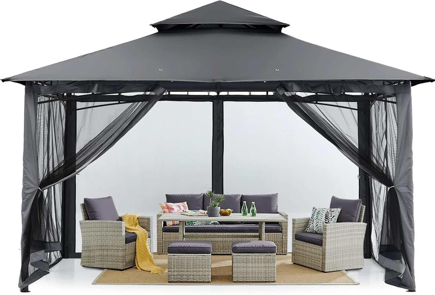 Outdoor Garden Gazebo for Patios with Stable Steel Frame and Netting Walls (10X12,Dark Gray)