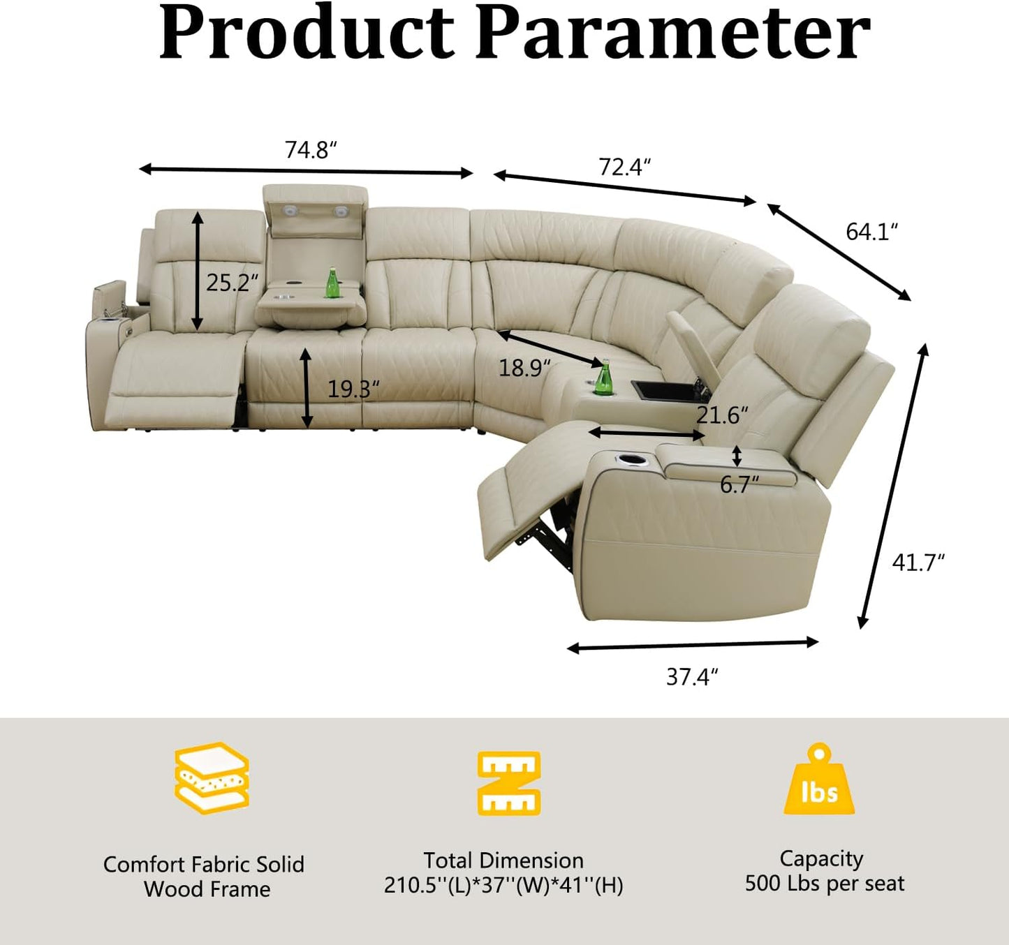 Power Breathing Leather Reclining Sofa Set,Power Recliner Sectional Couch with LED Light,Sectional Reclining Couch Set with USB Port/Storage for Living Room Home Office (Beige)