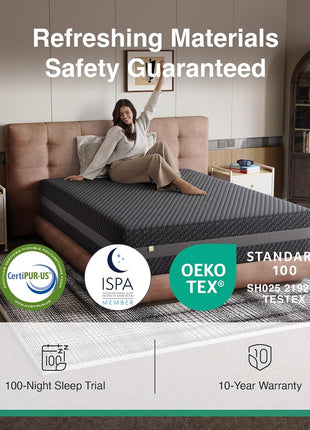 10-Inch Medium Firm Gel Memory Foam Mattress with Body Contouring and High-Density Core Support, Infused with Green Tea, Conveniently Delivered in a Box